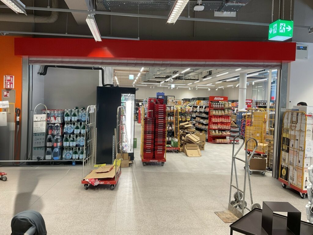 a store with shelves and boxes